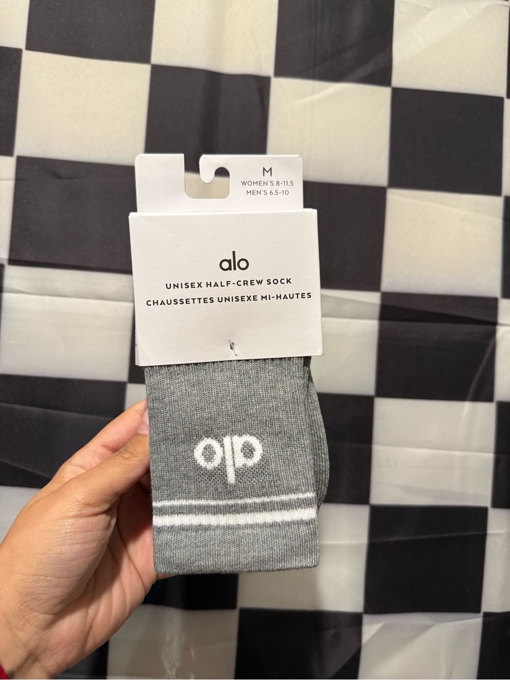 ALO Yoga Unisex Half-Crew Sock in Gray with White Logo